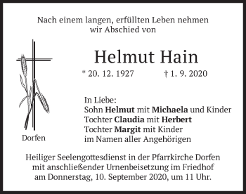 Traueranzeige von Helmut Hain von merkurtz