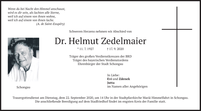  Traueranzeige für Helmut Zedelmaier vom 21.09.2020 aus merkurtz