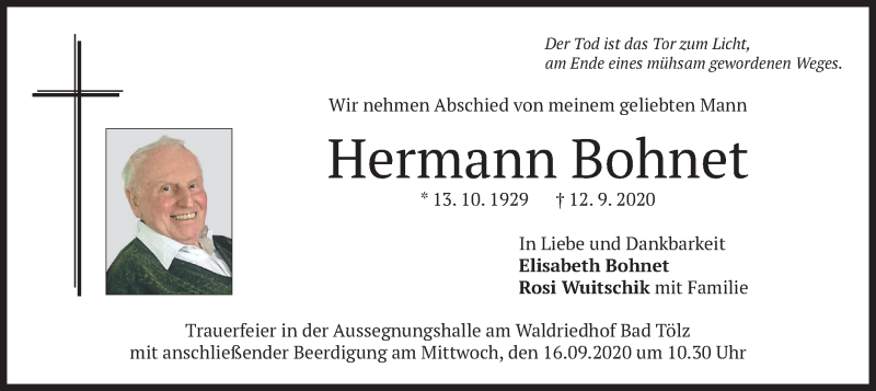  Traueranzeige für Hermann Bohnet vom 15.09.2020 aus merkurtz