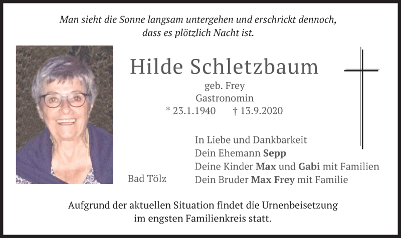  Traueranzeige für Hilde Schletzbaum vom 26.09.2020 aus merkurtz