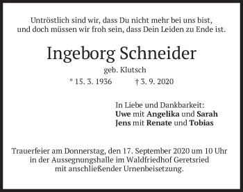 Traueranzeige von Ingeborg Schneider von merkurtz