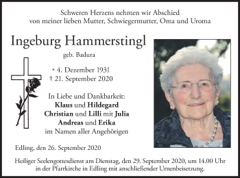 Traueranzeige von Ingeburg  Hammerstingl