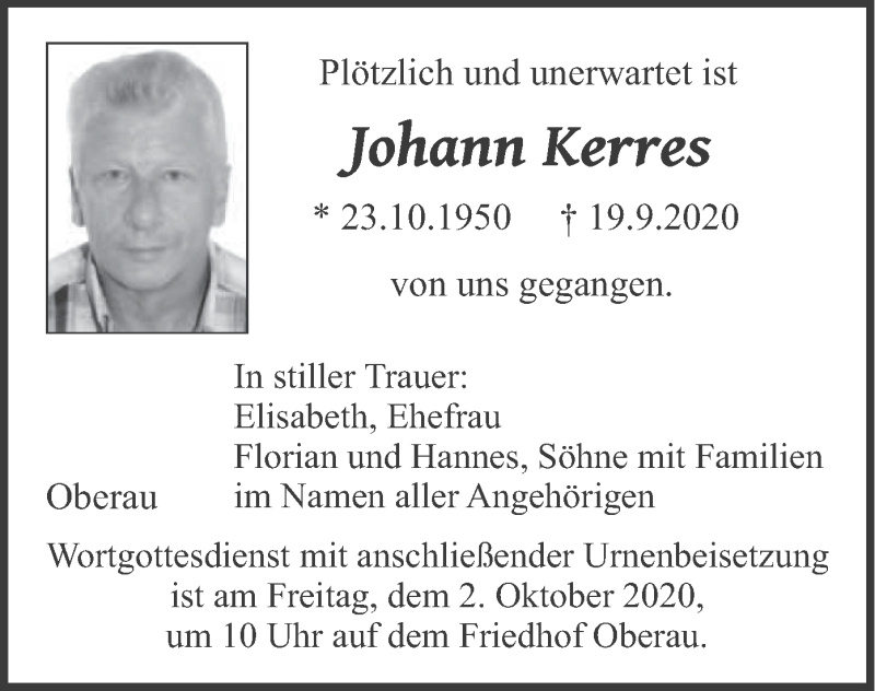  Traueranzeige für Johann Kerres vom 28.09.2020 aus merkurtz