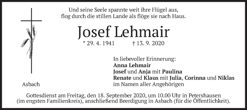  Traueranzeige für Josef Lehmair vom 17.09.2020 aus merkurtz
