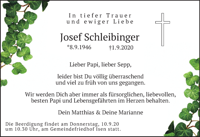  Traueranzeige für Josef Schleibinger vom 08.09.2020 aus merkurtz