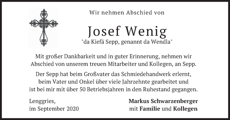  Traueranzeige für Josef Wenig vom 02.09.2020 aus merkurtz