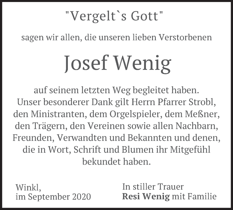  Traueranzeige für Josef Wenig vom 12.09.2020 aus merkurtz