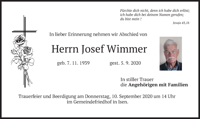  Traueranzeige für Josef Wimmer vom 08.09.2020 aus merkurtz