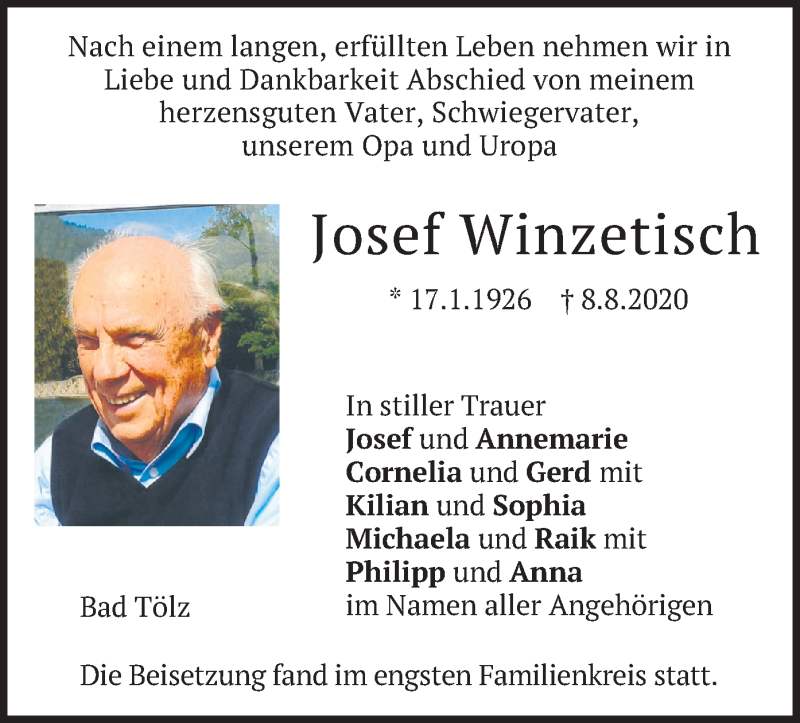  Traueranzeige für Josef Winzetisch vom 19.09.2020 aus merkurtz