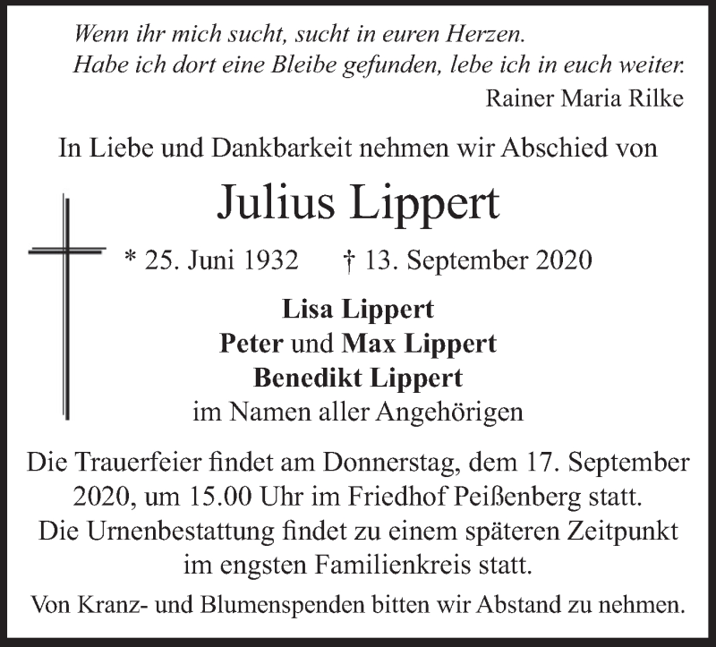  Traueranzeige für Julius Lippert vom 16.09.2020 aus merkurtz