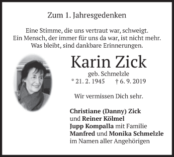 Traueranzeige von Karin Zick von merkurtz