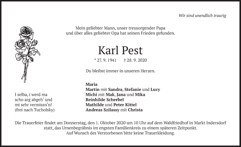  Traueranzeige für Karl Pest vom 29.09.2020 aus merkurtz