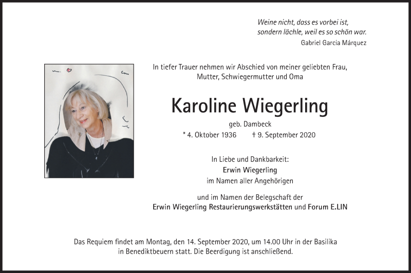  Traueranzeige für Karoline Wiegerling vom 12.09.2020 aus merkurtz