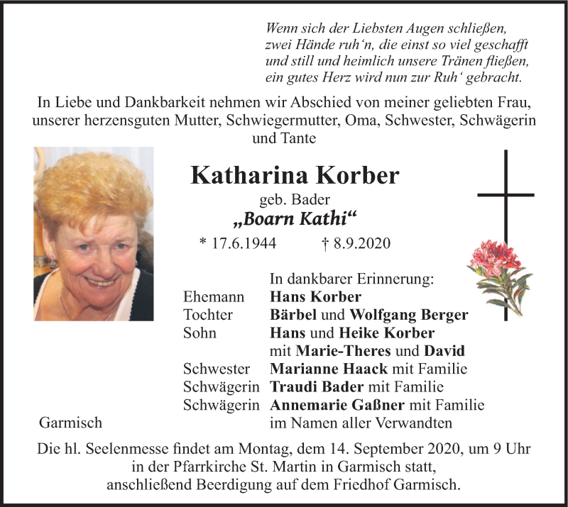  Traueranzeige für Katharina Korber vom 11.09.2020 aus merkurtz
