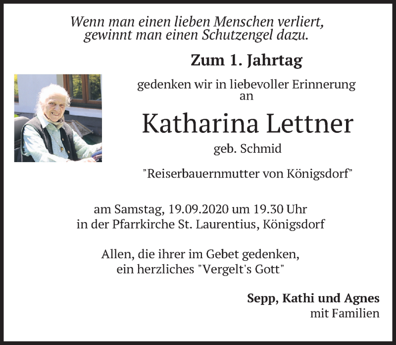 Traueranzeige für Katharina Lettner vom 15.09.2020 aus merkurtz