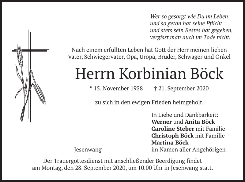  Traueranzeige für Korbinian Böck vom 24.09.2020 aus merkurtz