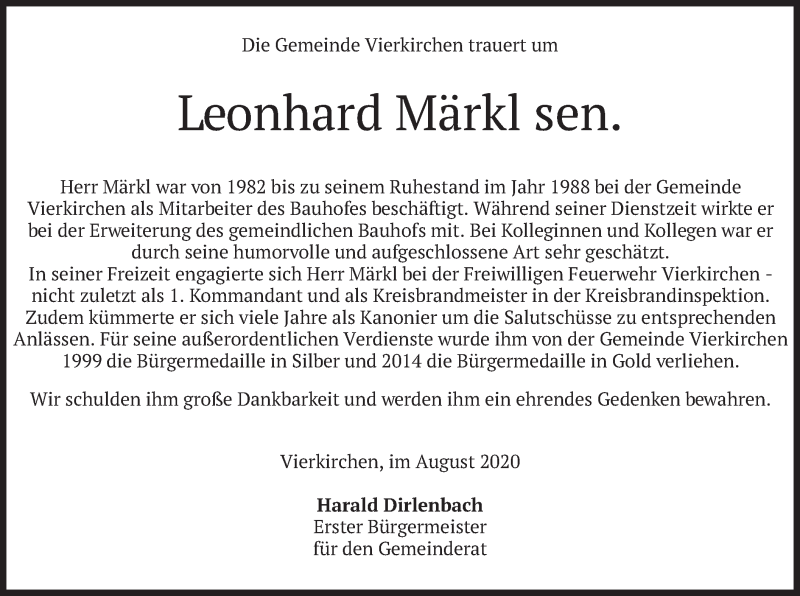  Traueranzeige für Leonhard Märkl vom 01.09.2020 aus merkurtz