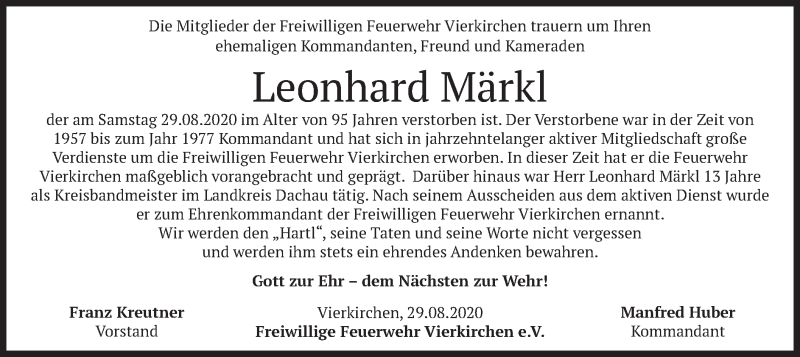  Traueranzeige für Leonhard Märkl vom 01.09.2020 aus merkurtz