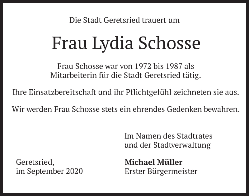  Traueranzeige für Lydia Schosse vom 12.09.2020 aus merkurtz
