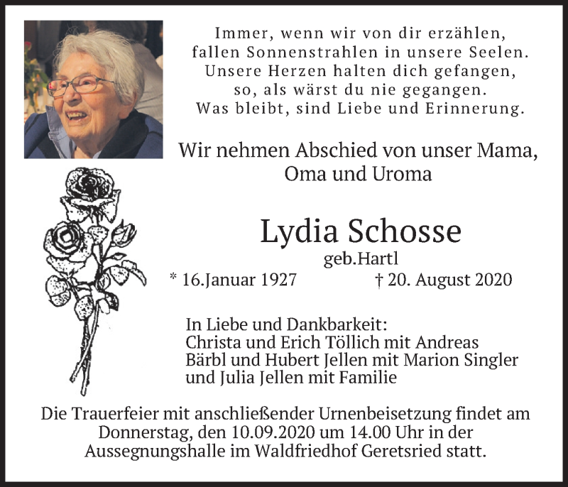  Traueranzeige für Lydia Schosse vom 05.09.2020 aus merkurtz