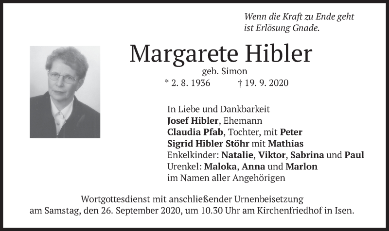  Traueranzeige für Margarete Hibler vom 23.09.2020 aus merkurtz