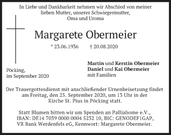 Traueranzeige von Margarete Obermeier