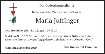 Traueranzeige von Maria Juffinger von merkurtz