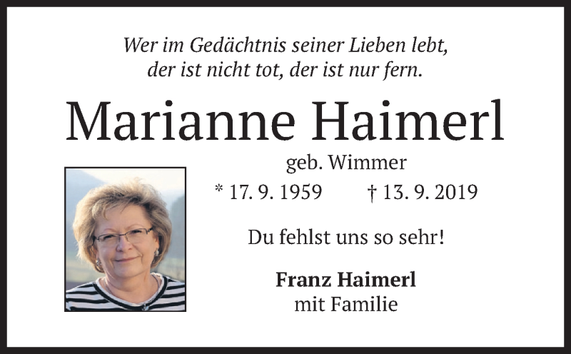  Traueranzeige für Marianne Haimerl vom 12.09.2020 aus merkurtz