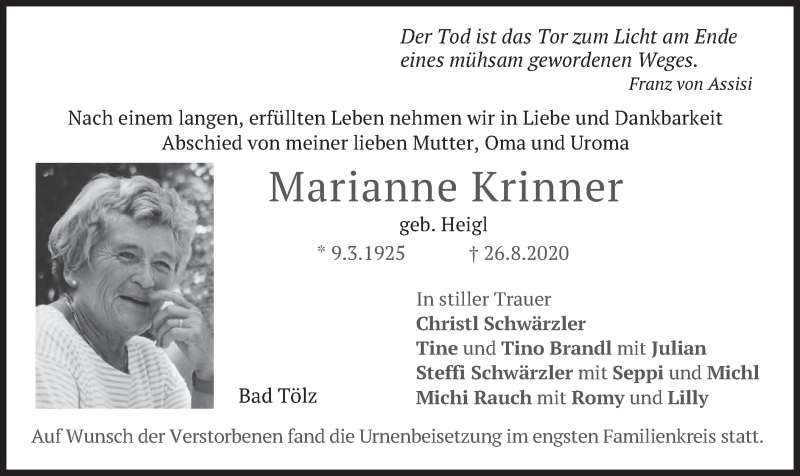  Traueranzeige für Marianne Krinner vom 05.09.2020 aus merkurtz