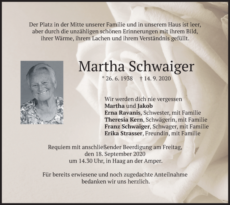  Traueranzeige für Martha Schwaiger vom 16.09.2020 aus merkurtz