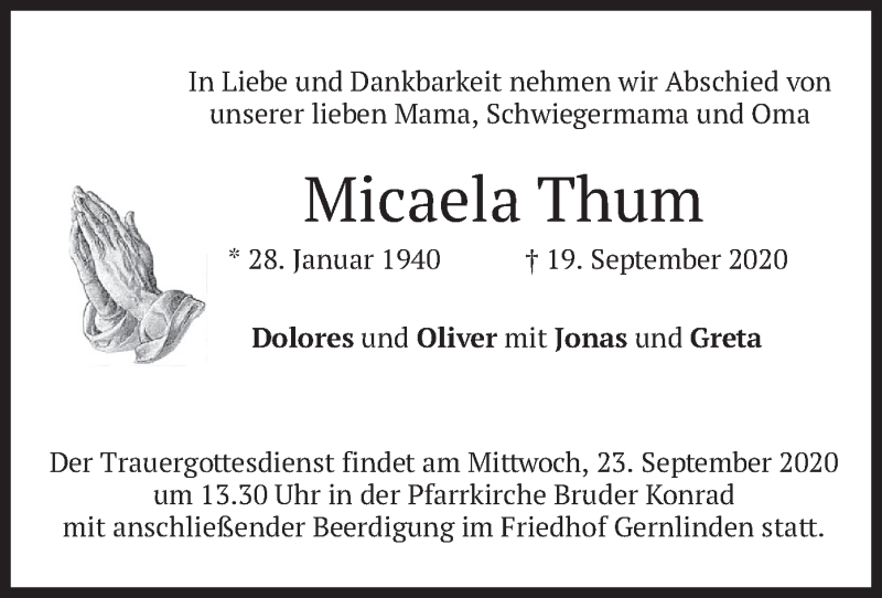  Traueranzeige für Micaela Thum vom 22.09.2020 aus merkurtz