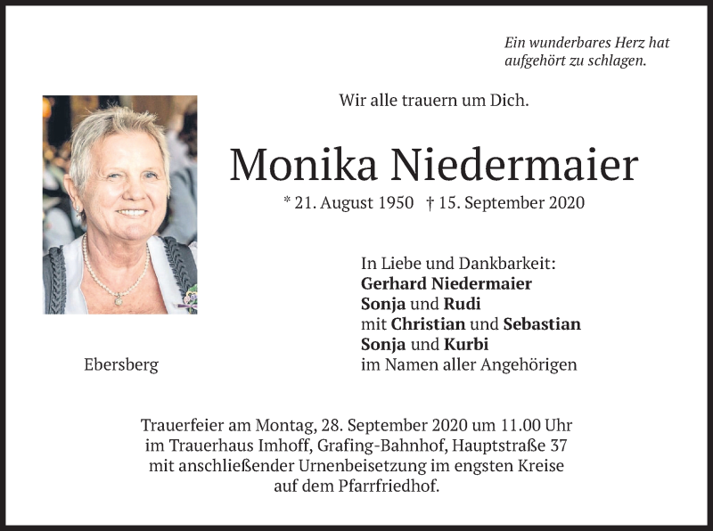  Traueranzeige für Monika Niedermaier vom 19.09.2020 aus merkurtz