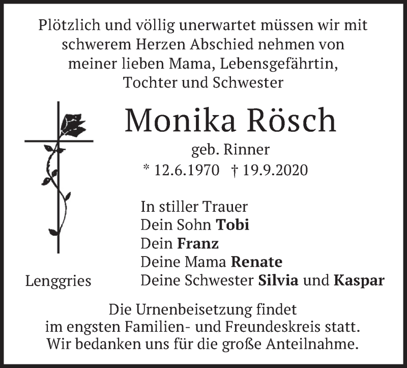  Traueranzeige für Monika Rösch vom 26.09.2020 aus merkurtz