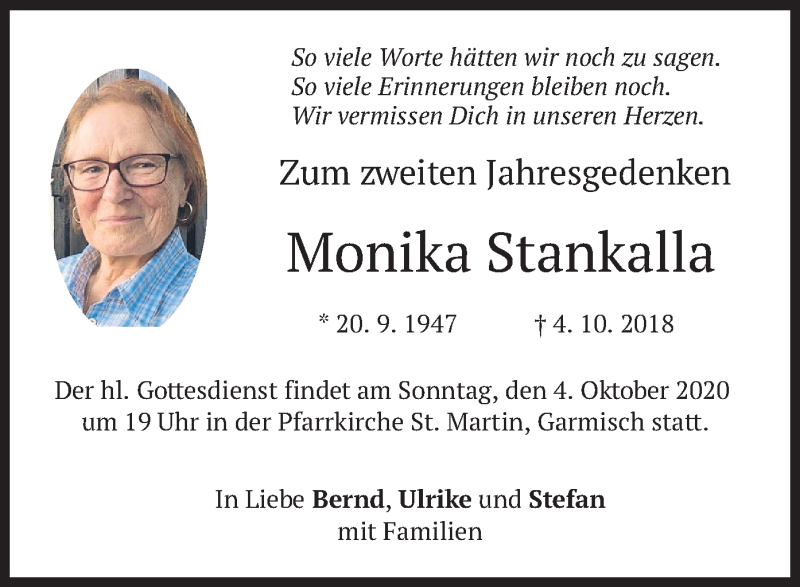  Traueranzeige für Monika Stankalla vom 26.09.2020 aus merkurtz