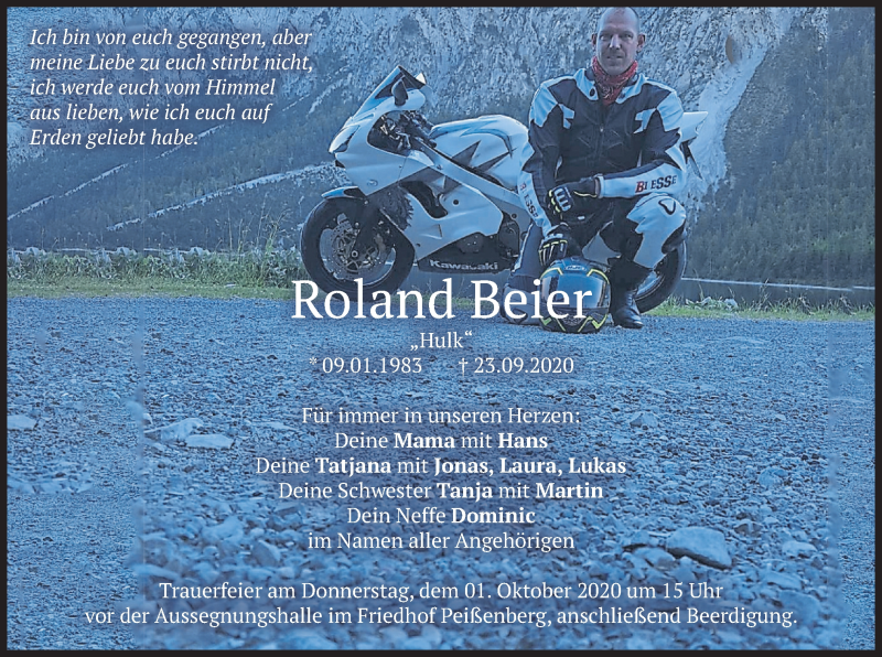  Traueranzeige für Roland  Beier vom 29.09.2020 aus merkurtz