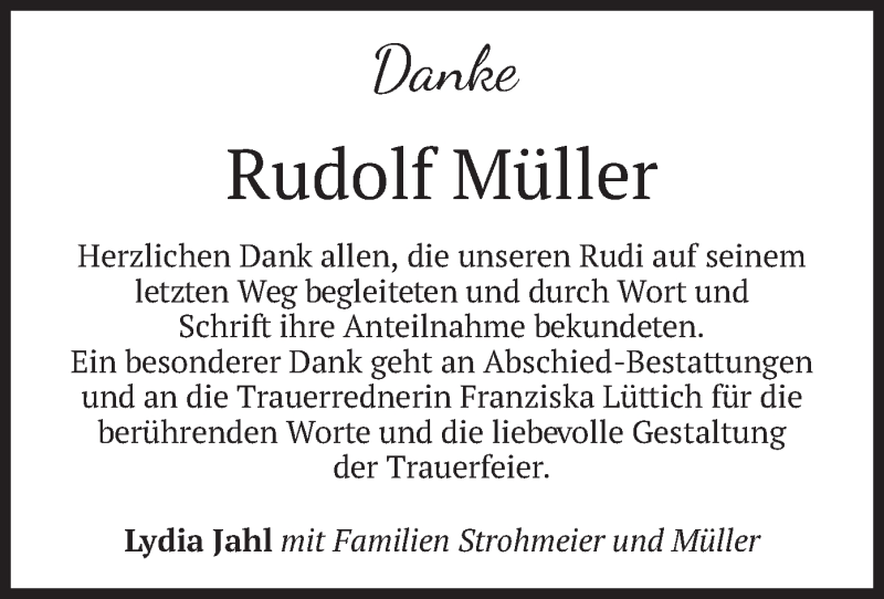  Traueranzeige für Rudolf Müller vom 19.09.2020 aus merkurtz