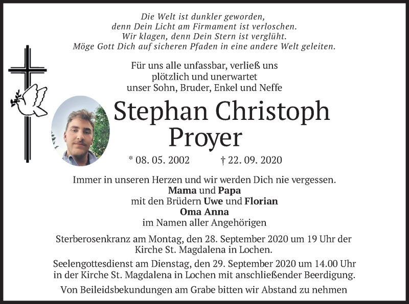  Traueranzeige für Stephan Christoph Proyer vom 26.09.2020 aus merkurtz