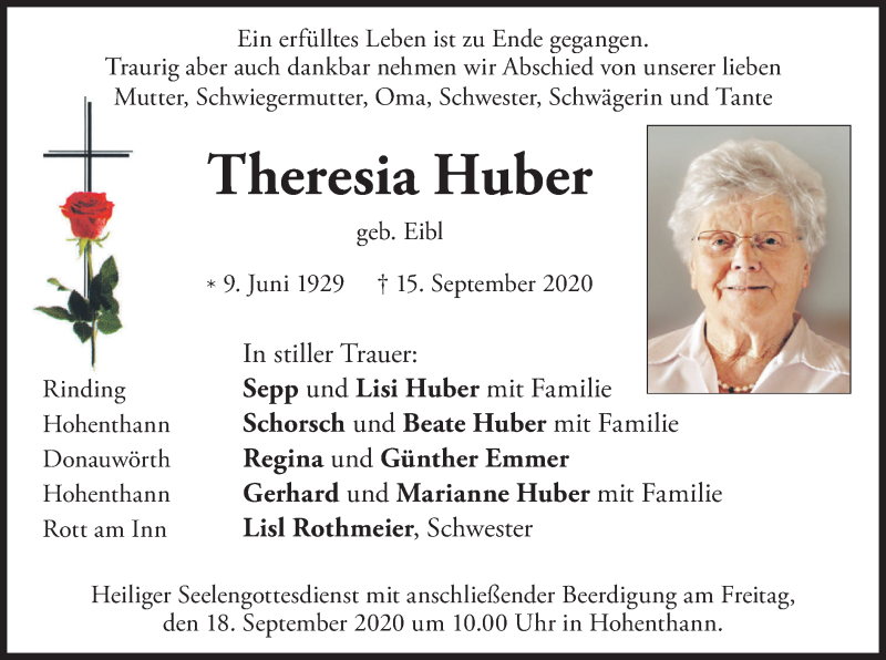  Traueranzeige für Theresia Huber vom 17.09.2020 aus merkurtz