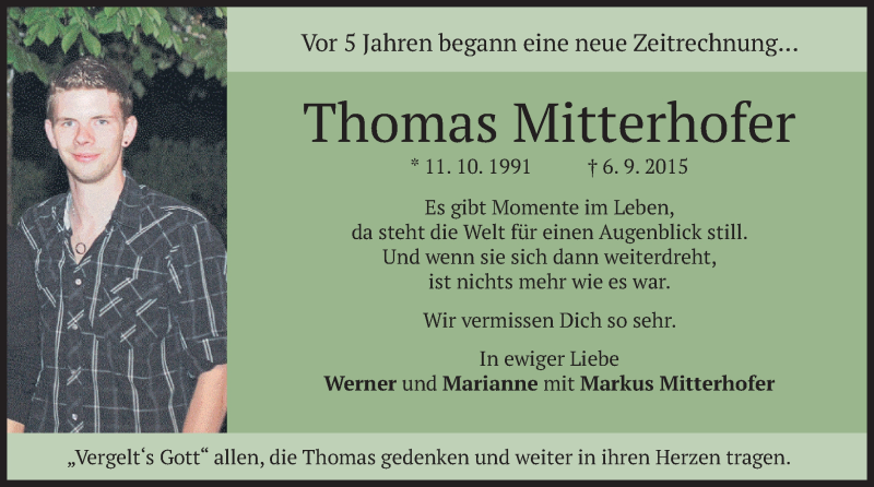  Traueranzeige für Thomas Mitterhofer vom 05.09.2020 aus merkurtz