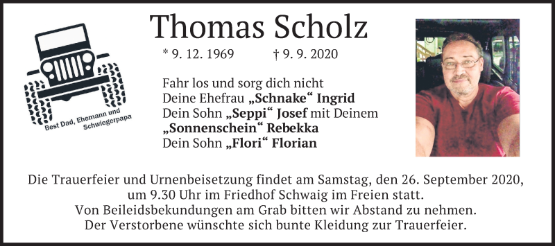  Traueranzeige für Thomas Scholz vom 23.09.2020 aus merkurtz