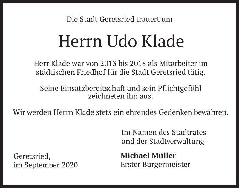  Traueranzeige für Udo Klade vom 19.09.2020 aus merkurtz