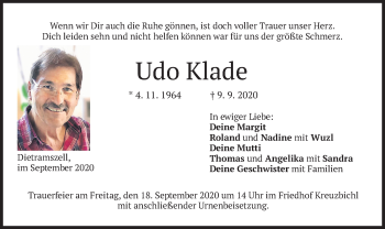 Traueranzeige von Udo Klade von merkurtz