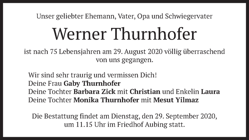  Traueranzeige für Werner Thurnhofer vom 26.09.2020 aus merkurtz