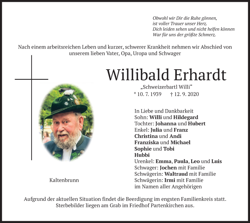  Traueranzeige für Willibald Erhardt vom 16.09.2020 aus merkurtz