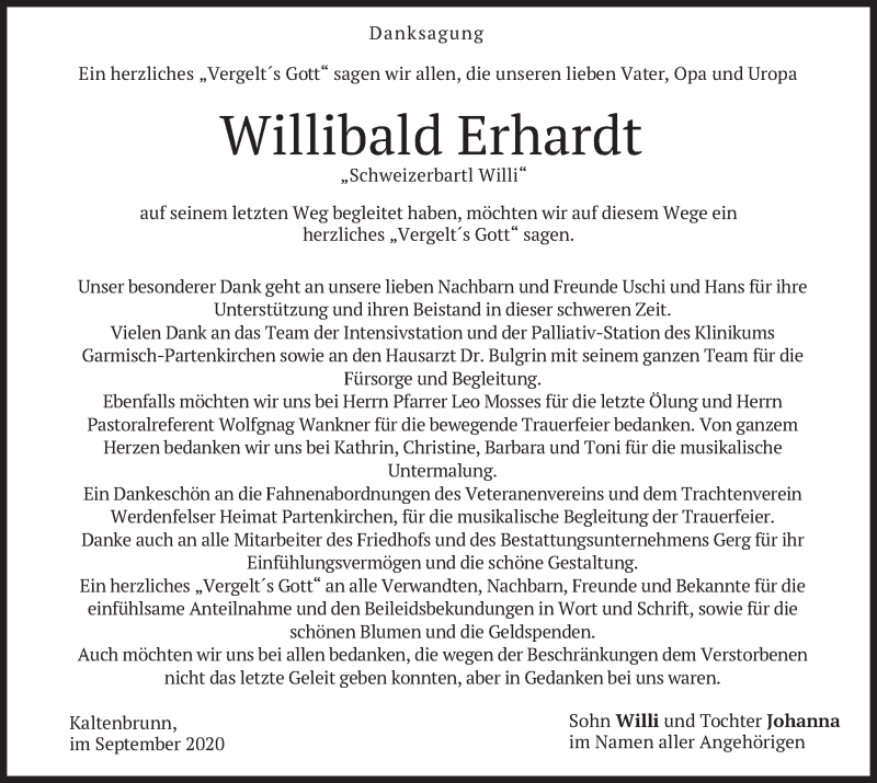  Traueranzeige für Willibald Erhardt vom 26.09.2020 aus merkurtz