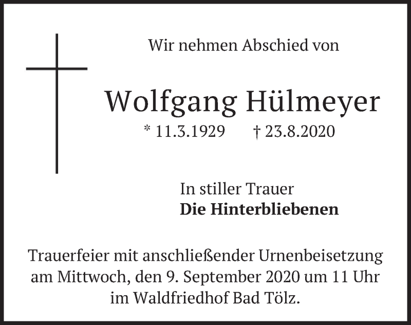  Traueranzeige für Wolfgang Hülmeyer vom 07.09.2020 aus merkurtz