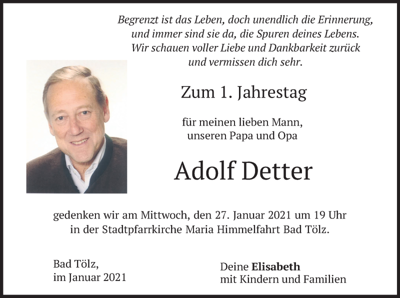  Traueranzeige für Adolf  Detter vom 23.01.2021 aus merkurtz