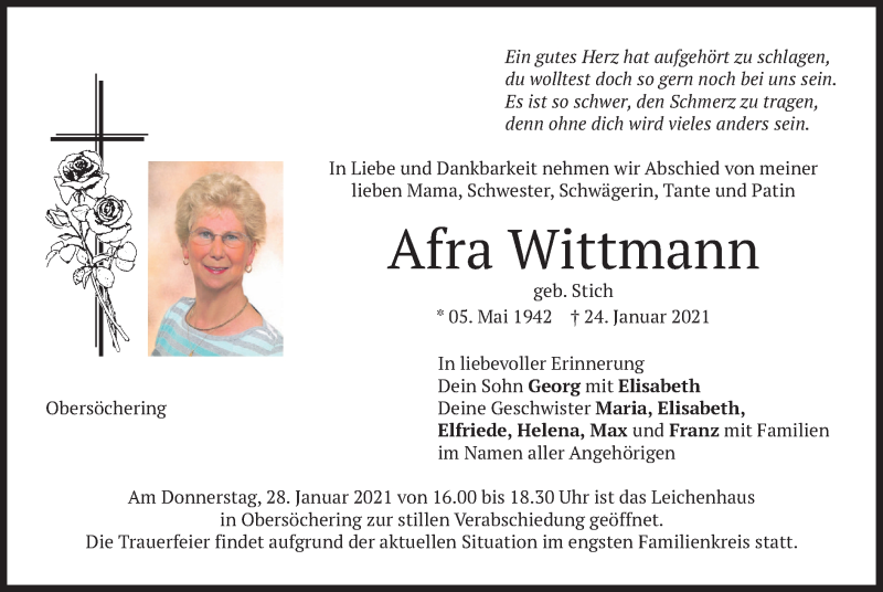  Traueranzeige für Afra Wittmann vom 27.01.2021 aus merkurtz