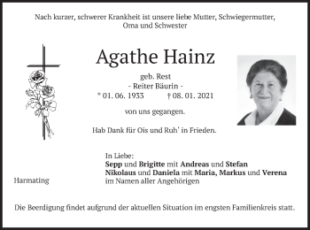 Traueranzeige von Agathe Hainz von merkurtz
