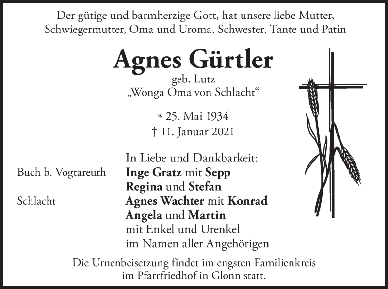  Traueranzeige für Agnes Gürtler vom 16.01.2021 aus merkurtz